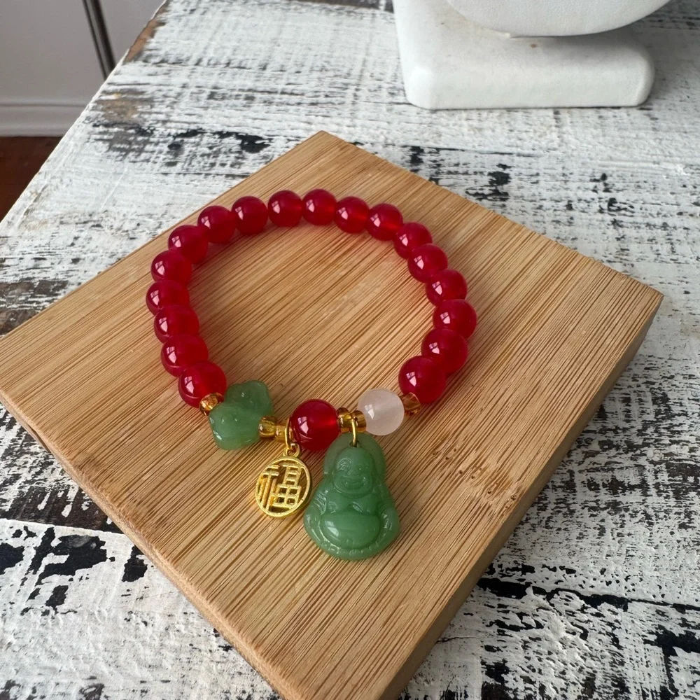 Red and Green Beaded Bracelet with Gold Charm